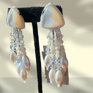 CHIPITA DESIGNER VINTAGE MOTHER OF PEARL EARRING W/ LOADED GLASS CRYSTAL DANGLE